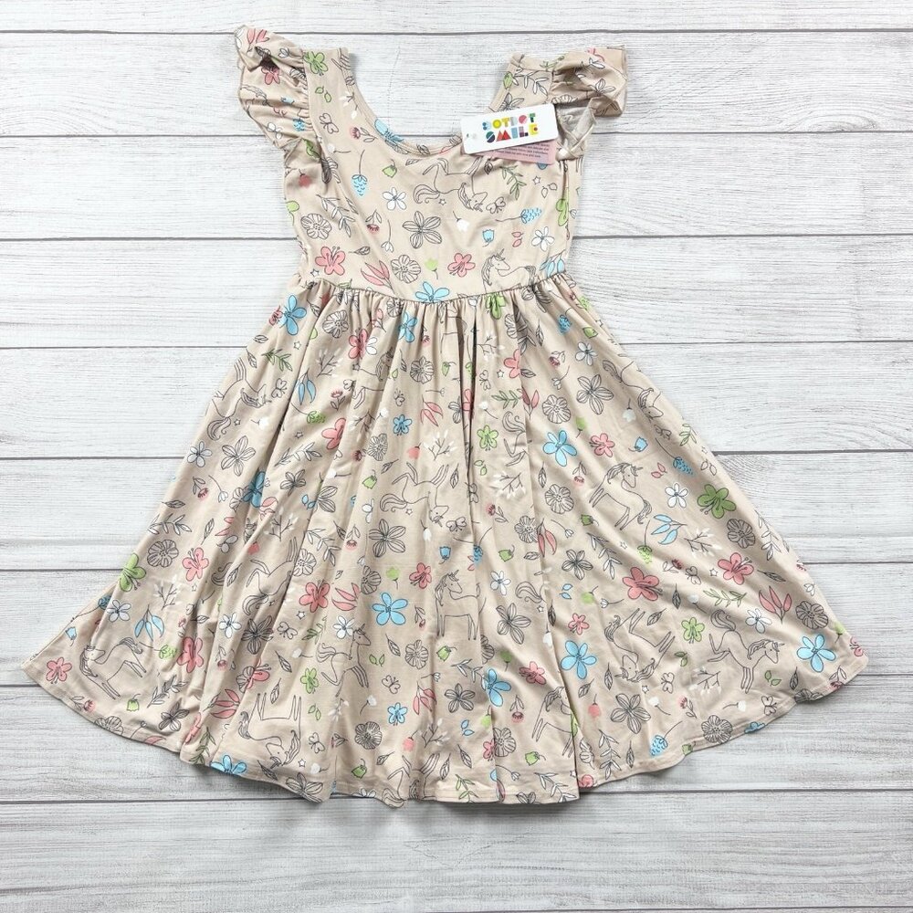Dot Dot Smile Girls Dress Floral Unicorn Print Flutter Sleeve Twirl NWT 8-10